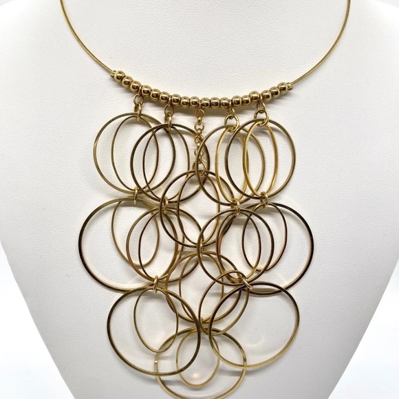 Bohemian BoHo Disco Dressy Gold Tone Chain Link Circle Loop Bib Choker Necklace - Picture 8 of 14